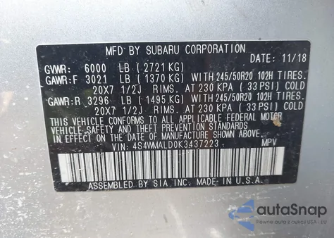 2019 Subaru Ascent Limited z USA, uszkodzony, nr VIN 4S4WMALD0K3437223